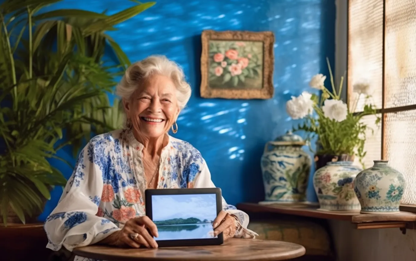 Senior lady smiling and sitting in a blue and white room